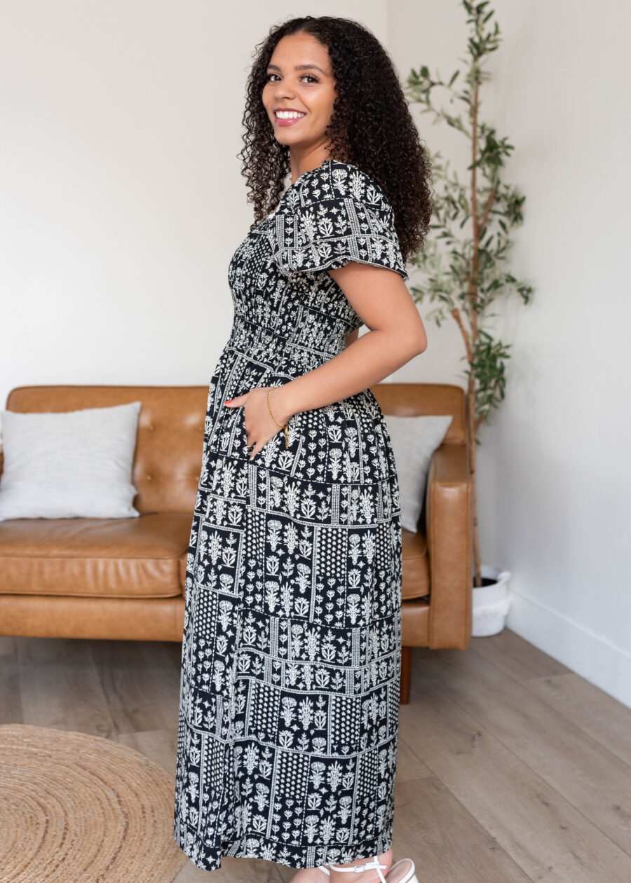 Adeline Black Printed Smocked Dress