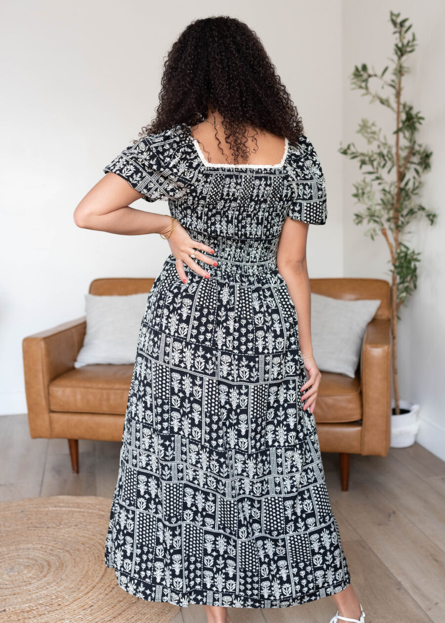Adeline Black Printed Smocked Dress
