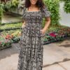 Adeline Black Printed Smocked Dress