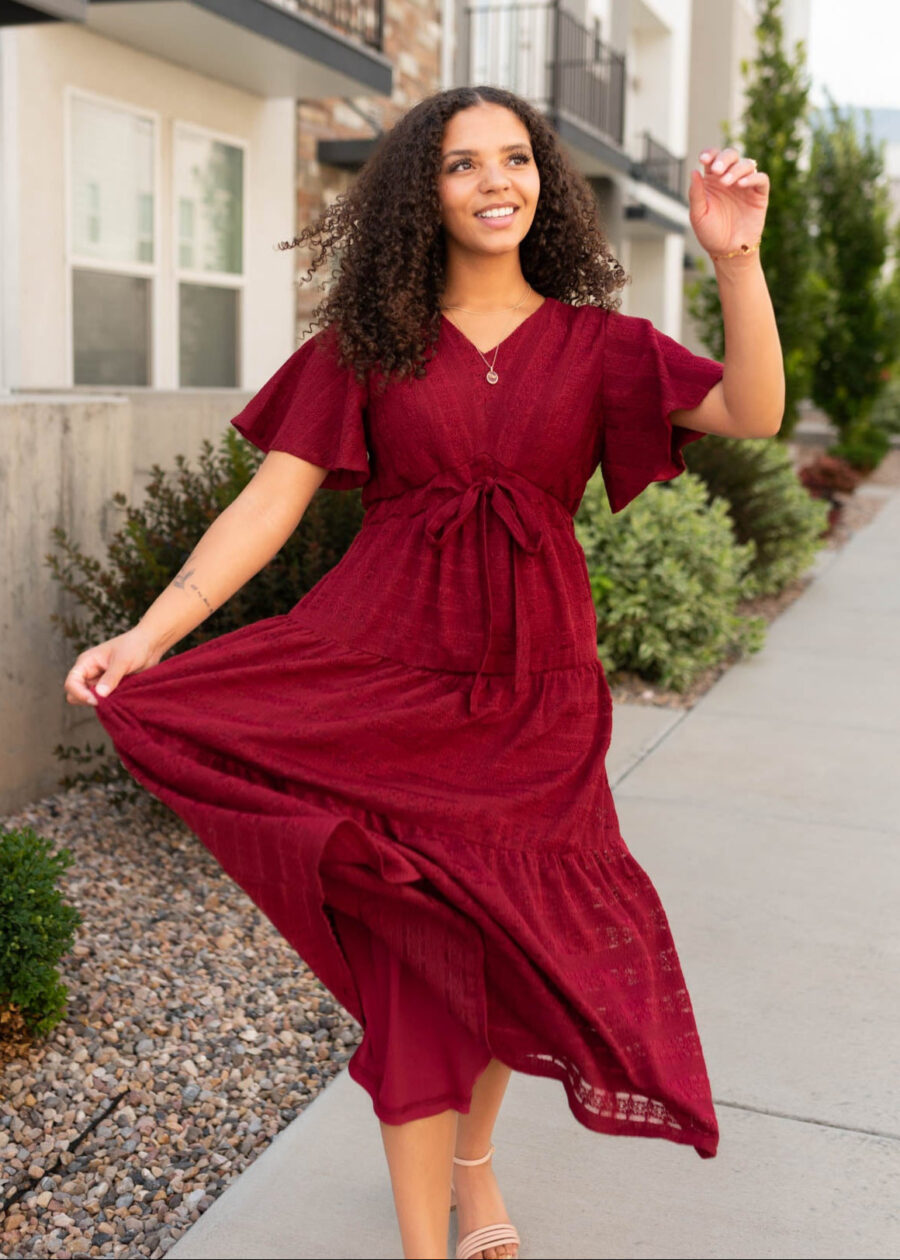 Alana Burgundy Textured Tie Dress