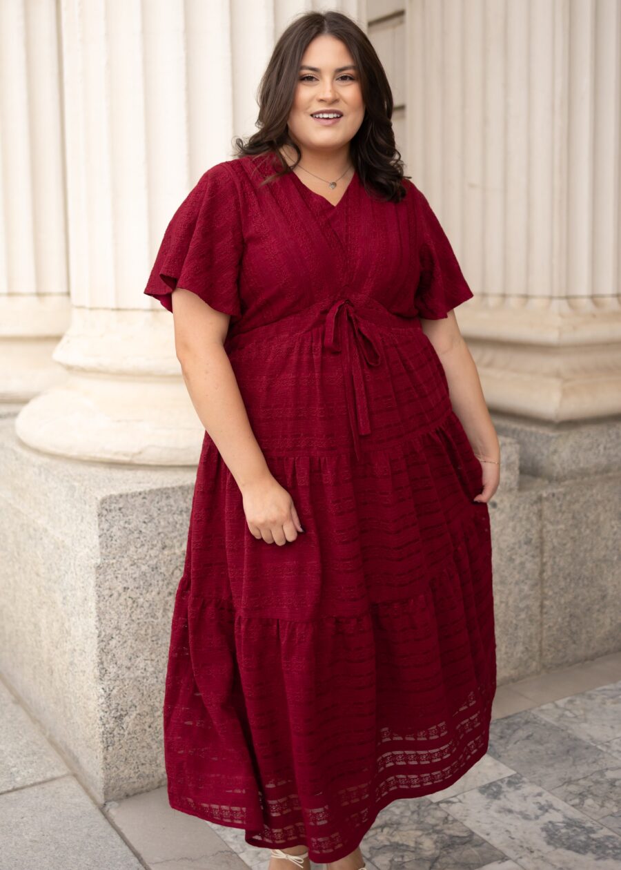 Alana Burgundy Textured Tie Dress