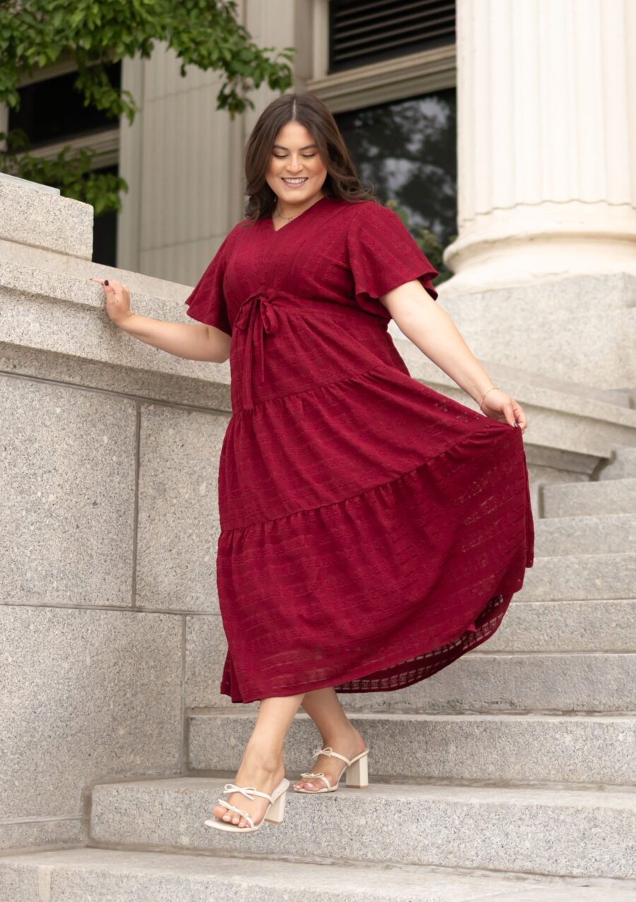 Alana Burgundy Textured Tie Dress