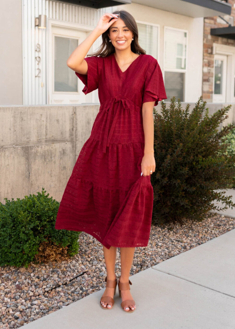 Alana Burgundy Textured Tie Dress