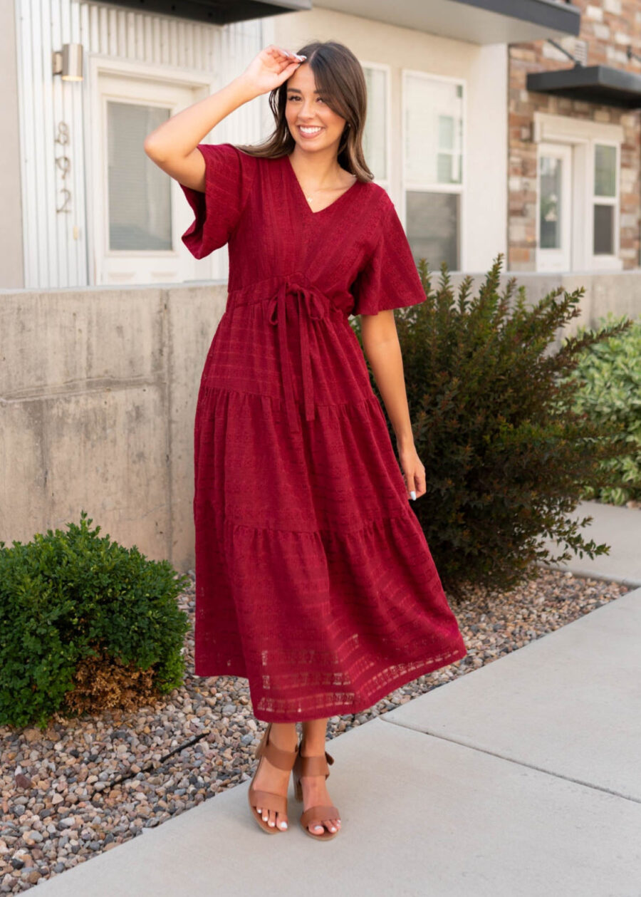 Alana Burgundy Textured Tie Dress