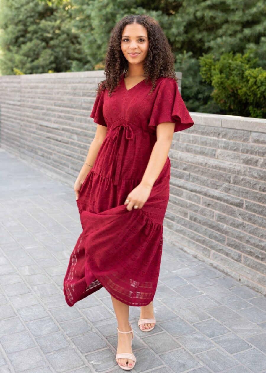 Alana Burgundy Textured Tie Dress