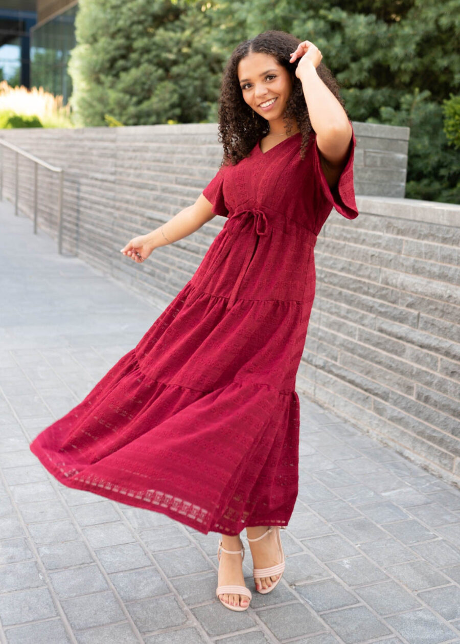 Alana Burgundy Textured Tie Dress