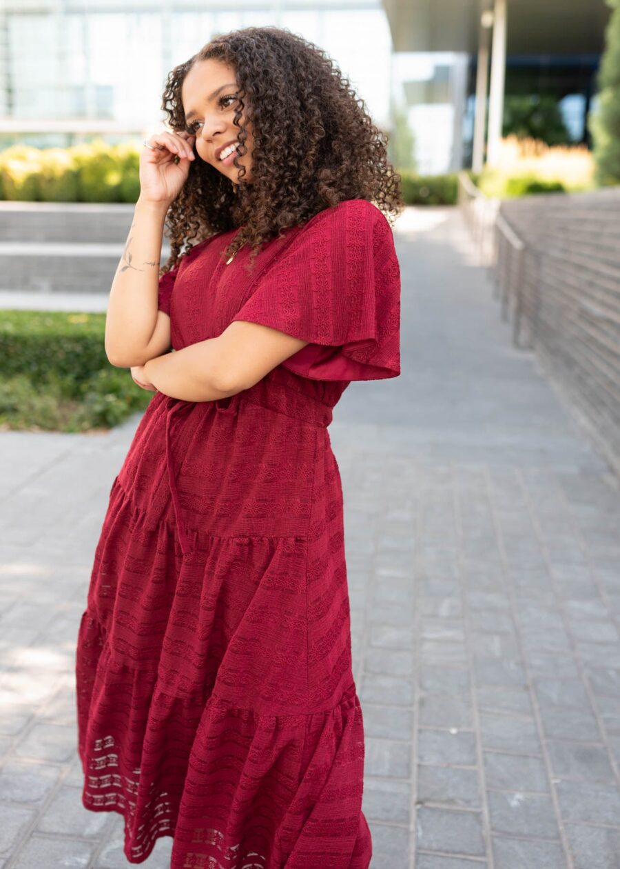 Alana Burgundy Textured Tie Dress