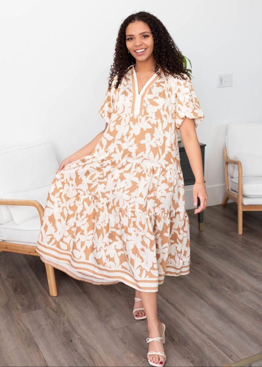 Allegra Taupe Floral Tiered Dress