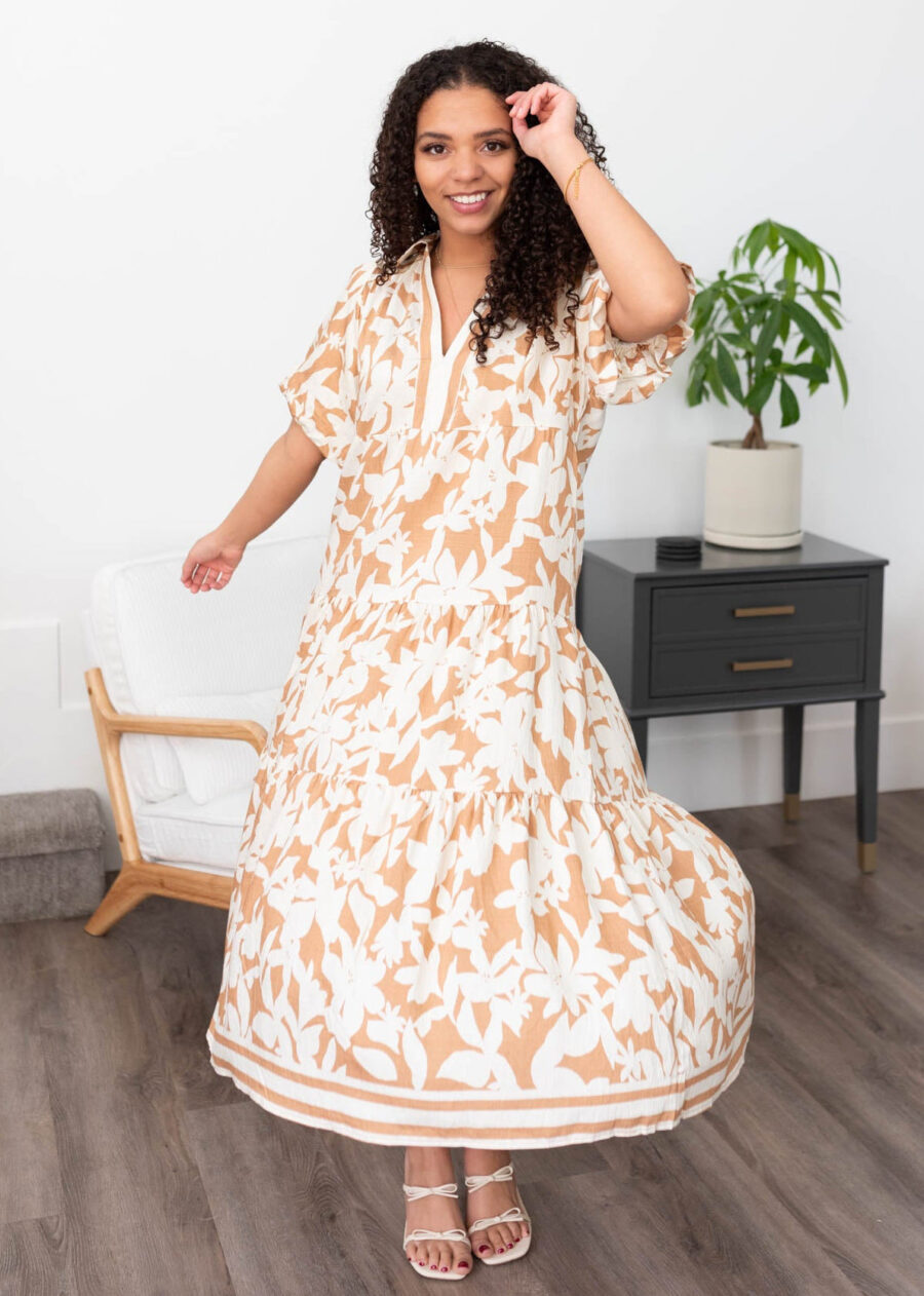 Allegra Taupe Floral Tiered Dress