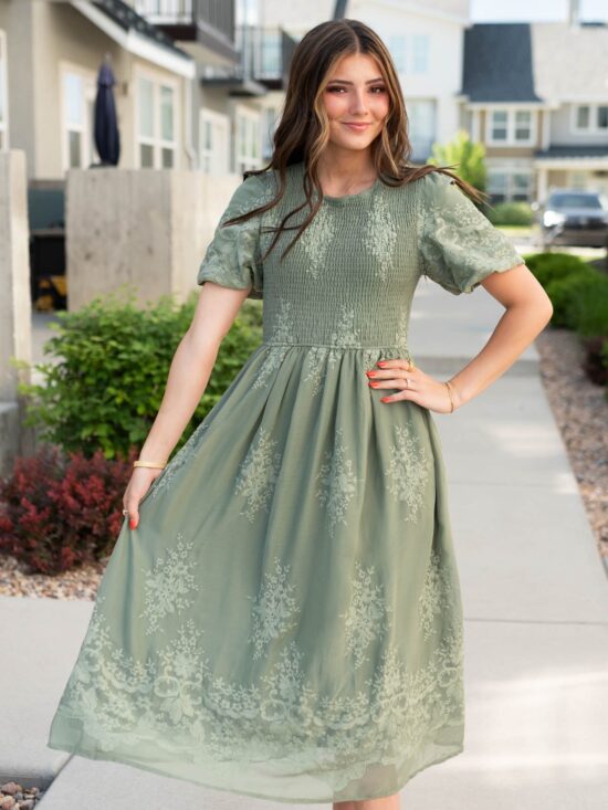 Alyanna Deep Sage Embroidered Dress