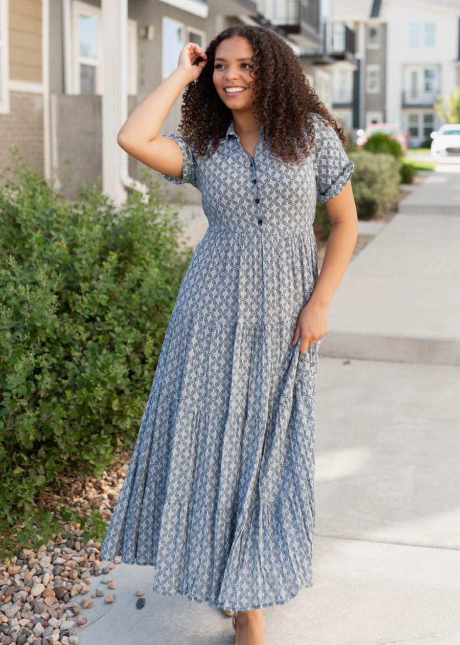 Amberly Navy Pattern Tiered Dress