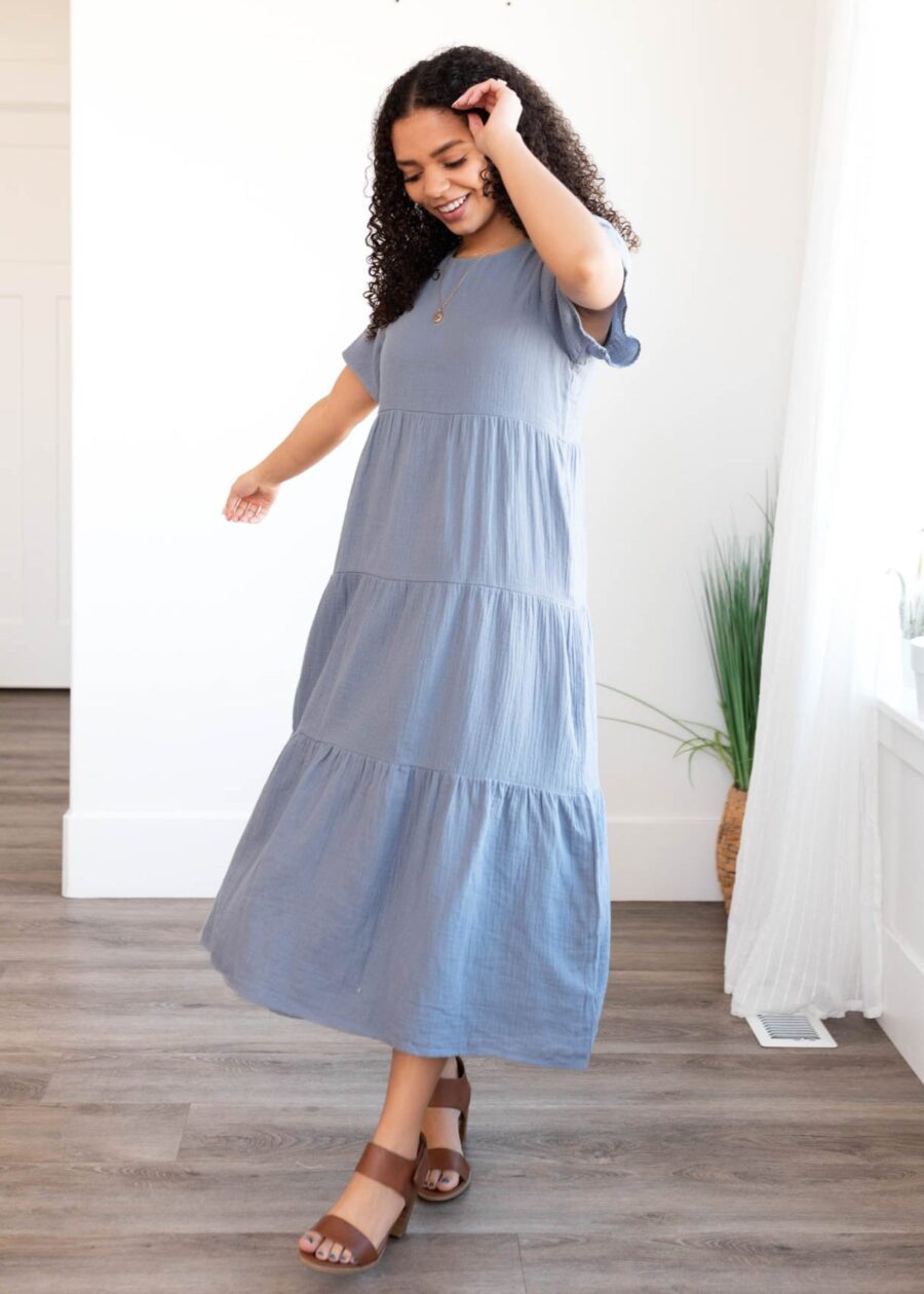 Analicia Blue Gauze Tiered Dress