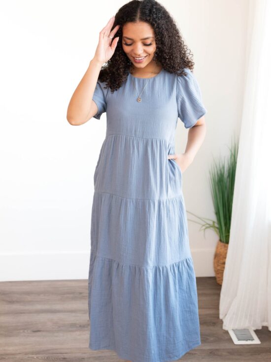 Analicia Blue Gauze Tiered Dress