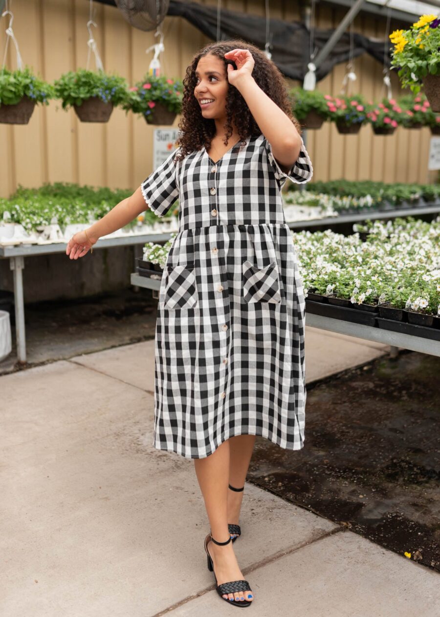 Arelie Black Gingham Button Dress