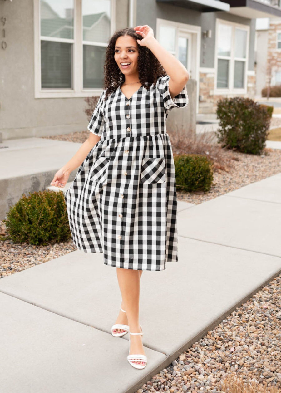 Arelie Black Gingham Button Dress