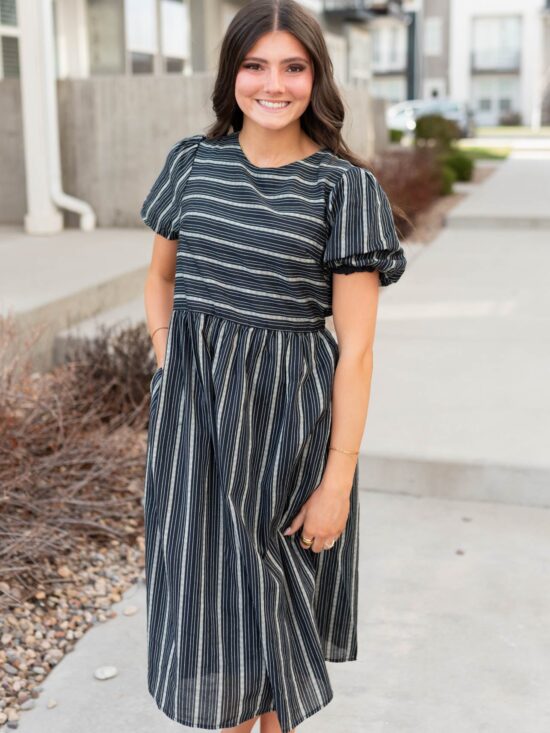 Aria Navy Jacquard Stripe Dress
