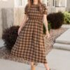 Aryah Brown Gingham Smocked Dress