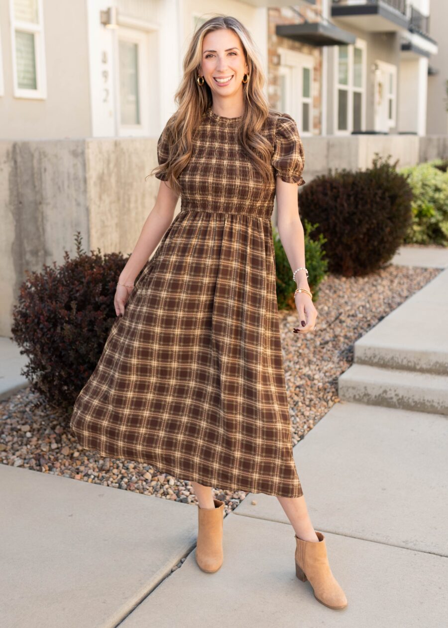 Aryah Brown Gingham Smocked Dress