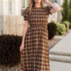 Aryah Brown Gingham Smocked Dress