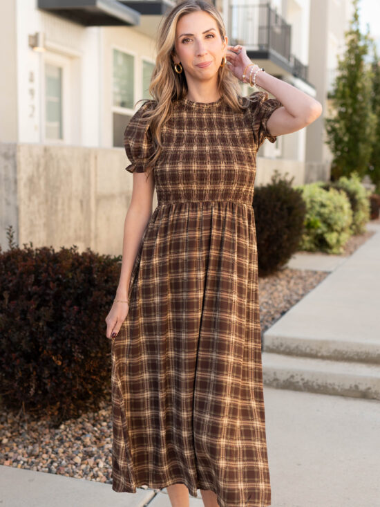 Aryah Brown Gingham Smocked Dress