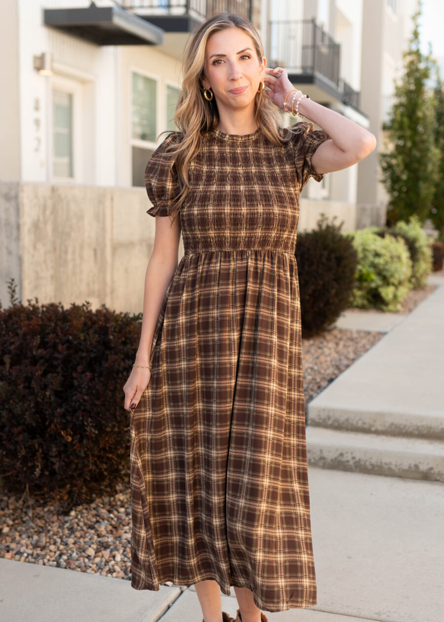Aryah Brown Gingham Smocked Dress