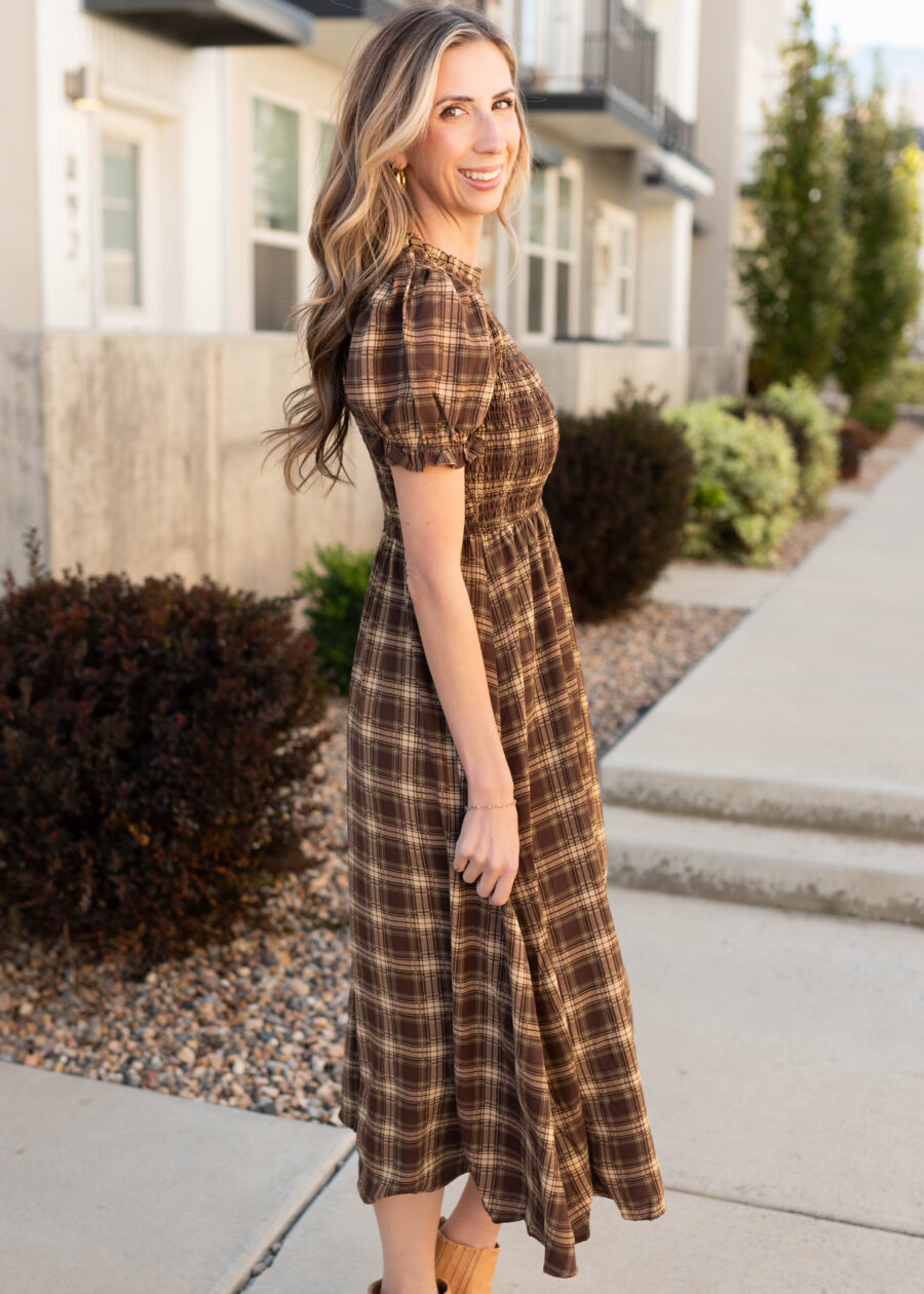 Aryah Brown Gingham Smocked Dress