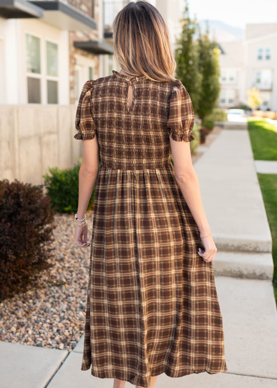 Aryah Brown Gingham Smocked Dress