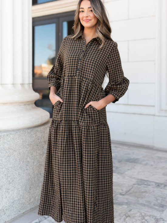 Ashlin Brown Gingham Tiered Dress