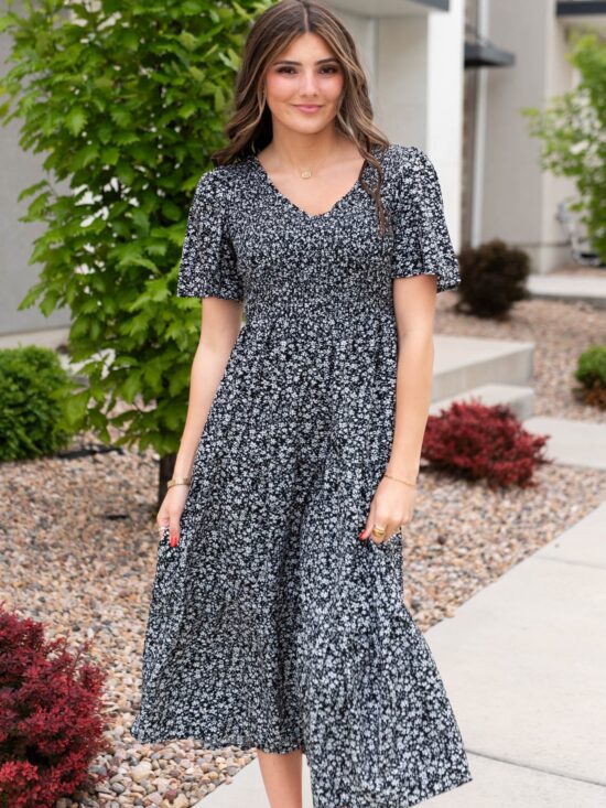 Aylin Black Floral Tiered Dress