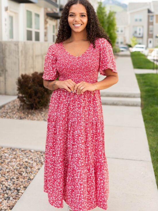 Aylin Red Floral Tiered Dress