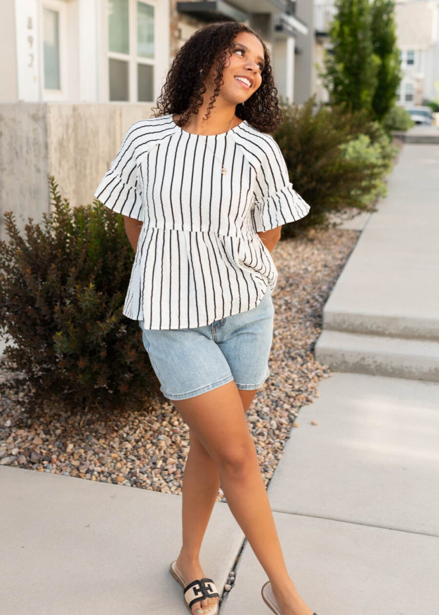 Brynn Black Striped Peplum Top