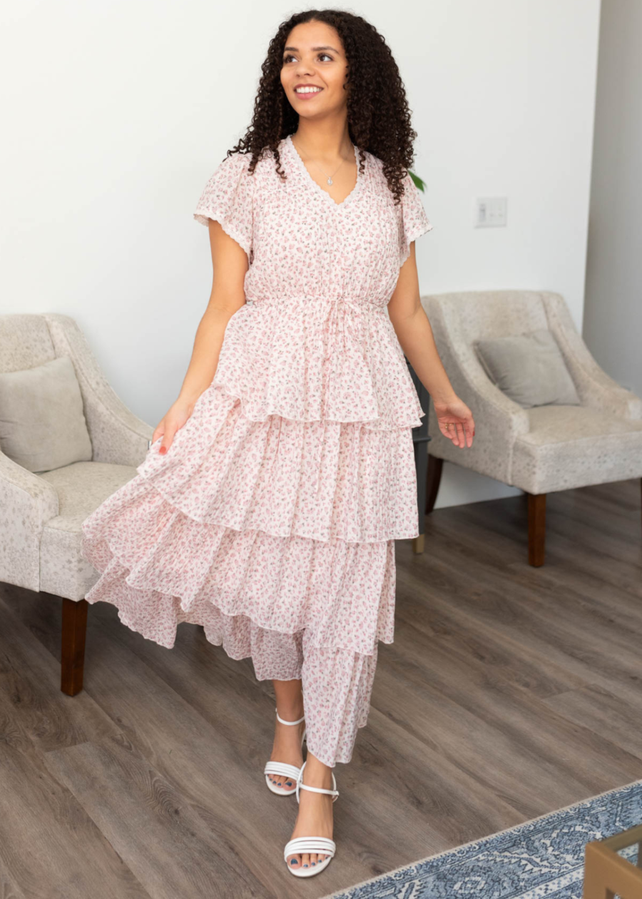 Mira Blush Rose Tiered Ruffle Dress
