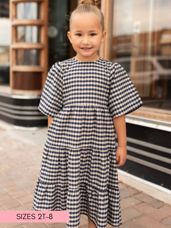 Nora Navy Gingham Tiered Little Girl Dress