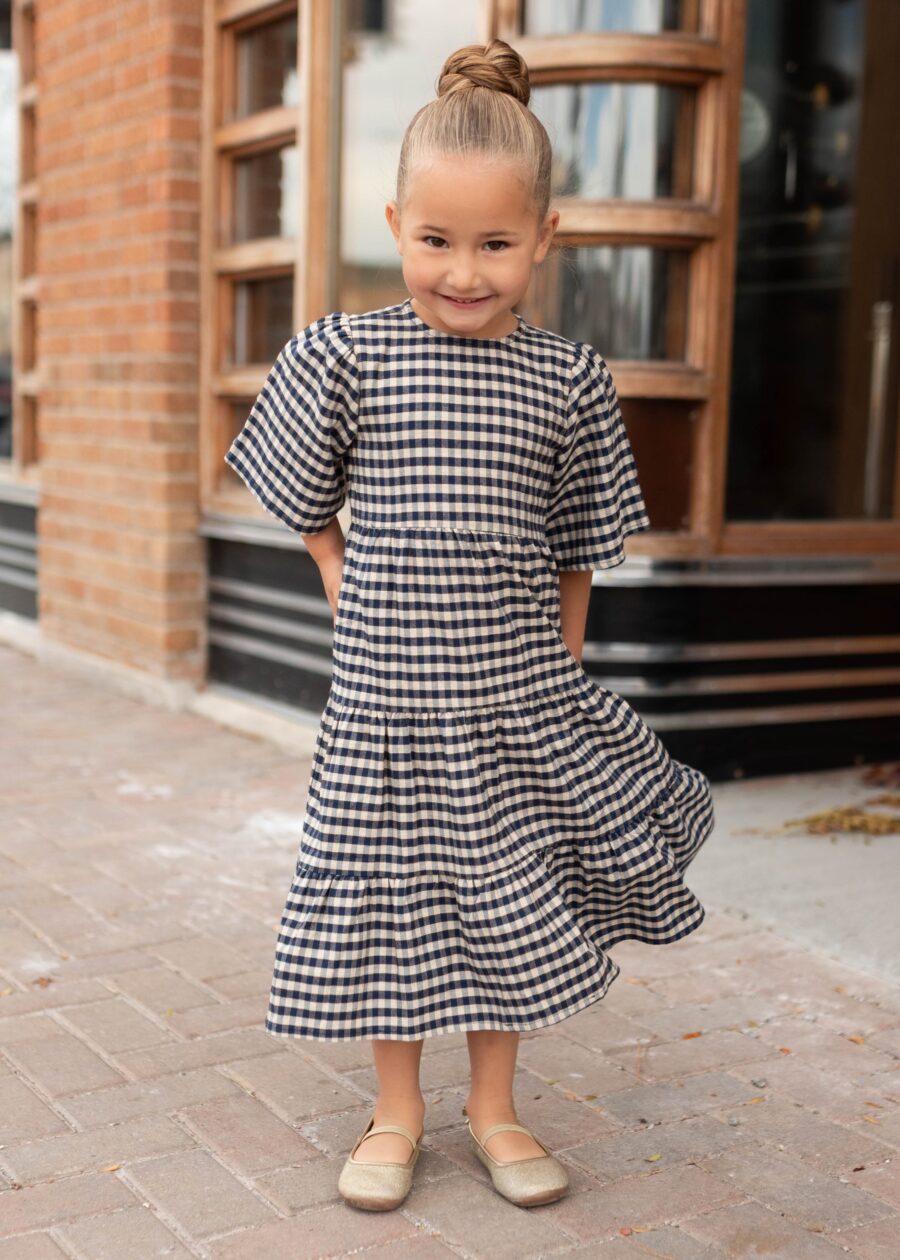 Nora Navy Gingham Tiered Little Girl Dress