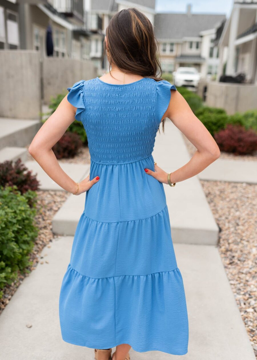 Rachelle Blue Flutter Sleeve Dress