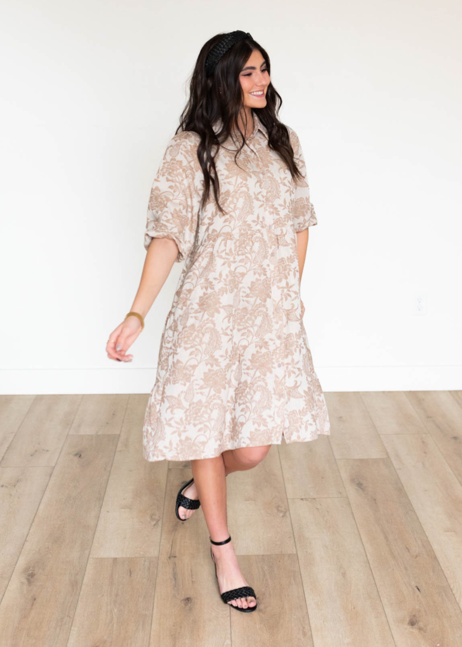 Railee Taupe Floral Button Down Dress