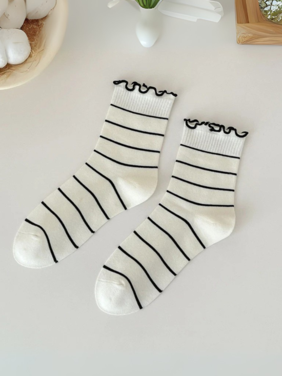 Riley Black Striped Ruffle Socks