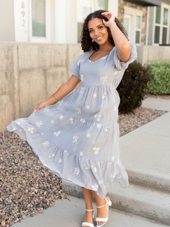 Rosie Dusty Blue Embroidered Dress