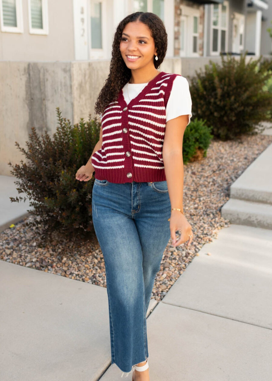 Sana Burgundy Striped Sweater Vest