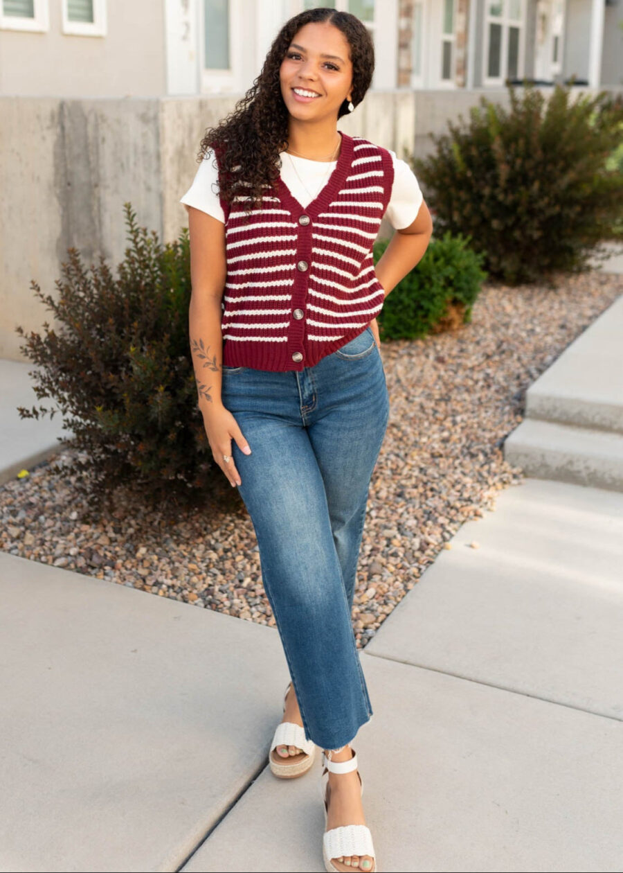 Sana Burgundy Striped Sweater Vest
