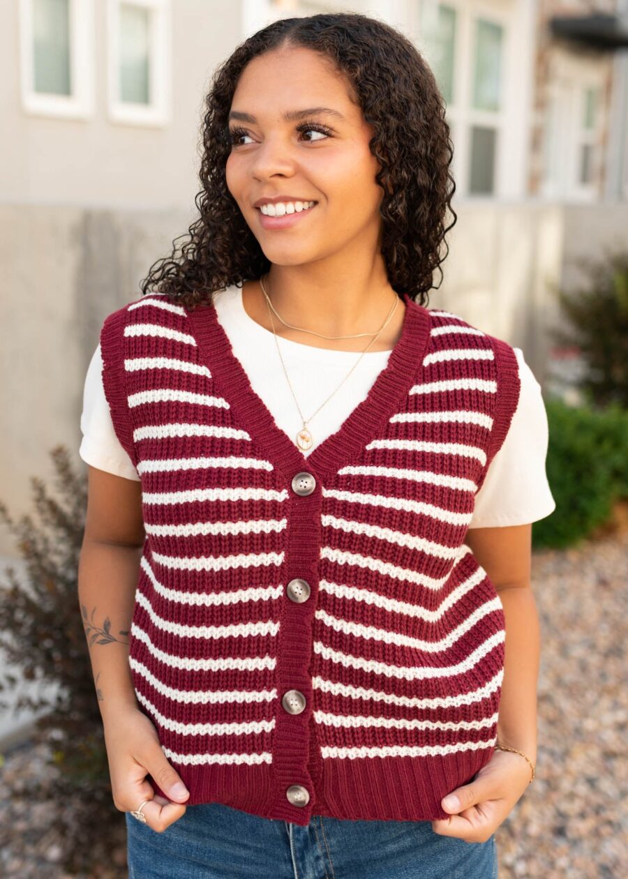 Sana Burgundy Striped Sweater Vest