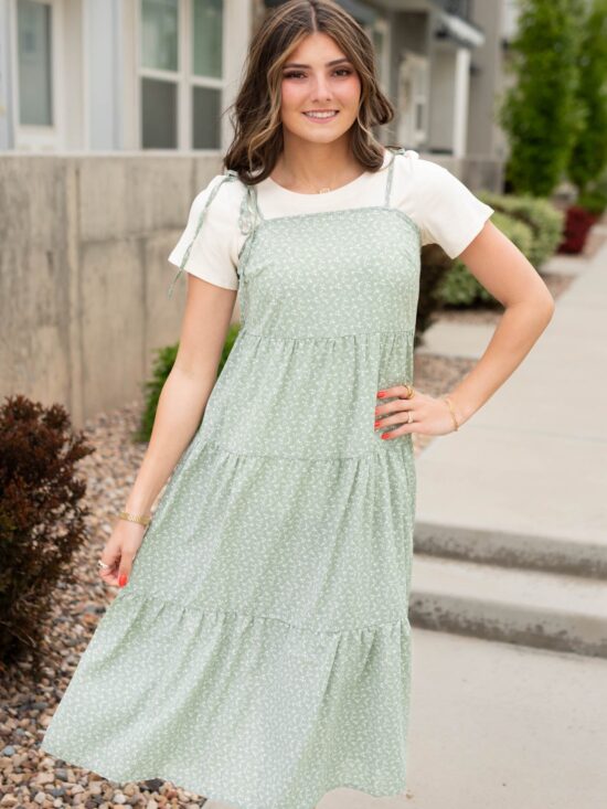 Sheree Sage Floral Print Shoulder Tie Dress