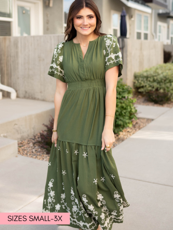 Sofia Olive Embroidered Dress