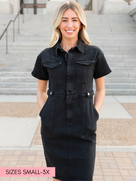 Vienna Black Denim Zipper Dress